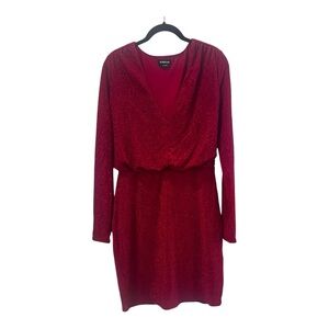 Bebe Red Metallic Glitter V-Neck Long Sleeve Mini Dress Party Cocktail Womens M
